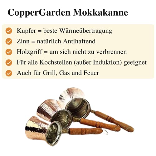 Copper Garden Mokkakanne aus Kupfer I Ibrik aus lebensmittelecht verzinntem Kupfer mit Holzgriff I Mittelgroße Kupferkanne zum Milchaufwärmen (für Kaffee) oder zum echten Mokka Kochen - 5