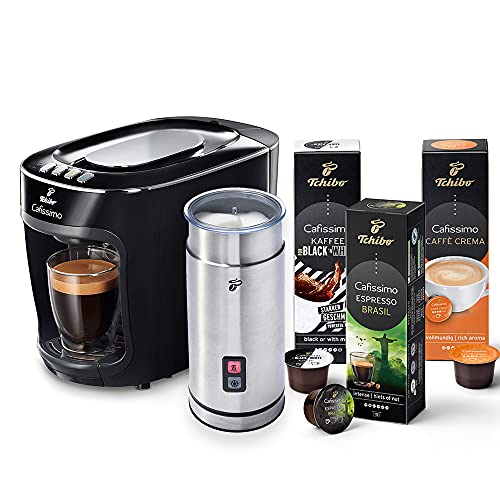 Tchibo Cafissimo mini Kaffeemaschine Kapselmaschine inkl. elektrischer Milchaufschäumer und 30 Kapseln für Caffè Crema, Espresso, Kaffee und Milchspezialitäten, Schwarz