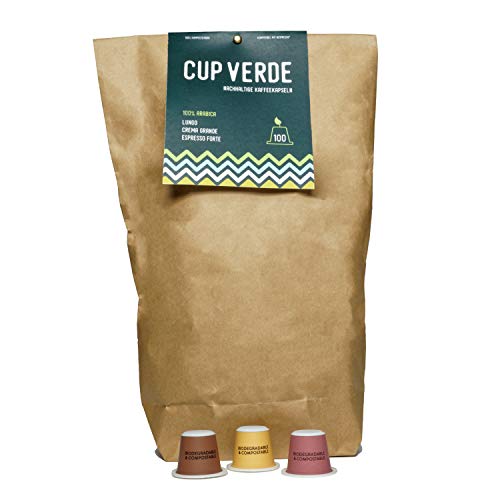 CUP VERDE – 100 nachhaltige Kaffeekapseln Nespresso* kompatibel. Kompostierbar– fair gehandelt - schonend geröstet, Mixpaket Kapseln Lungo, Crema Grande, Espresso Forte