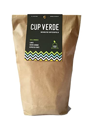 CUP VERDE – 100 nachhaltige Kaffeekapseln Nespresso* kompatibel. Kompostierbar– fair gehandelt - schonend geröstet, Mixpaket Kapseln Lungo, Crema Grande, Espresso Forte - 7