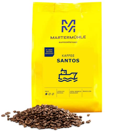 Martermühle I Kaffee Santos I Kaffee ganze Bohnen I Premium Kaffeebohnen aus Brasilien I Schonend geröstete Kaffeebohnen I Kaffeebohnen säurearm I 100% Arabica Kaffeebohnen I 1kg