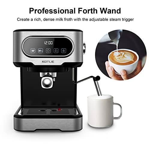 Espressomaschine, KOTLIE Espresso Siebträgermaschine mit Professioneller Milchschaumdüse , 20 Bar LED-Touchscreen Coffee & Espresso Machine, 1,5L Wassertank, 2 Filter, 1100 W - 4