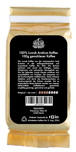 Kopi Luwak Kaffee 100% | City Roast Civet Coffee 100g | gemahlen| Kaffeespezialität als Geschenk für Kaffeeliebhaber von Tesdorpfs für den Geschenkkorb, die Kaffeemühle oder zu Ferrero Rocher - 7