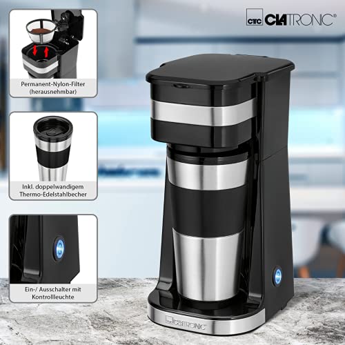 Clatronic KA 3733 Kaffeemaschine für Coffee To Go, inkl. 0,4 Liter Kaffeebecher aus Edelstahl, 2 GO - ideal für Auto, Büro und unterwegs, Single Filterkaffeemaschine, mit Filter, schwarz - 5