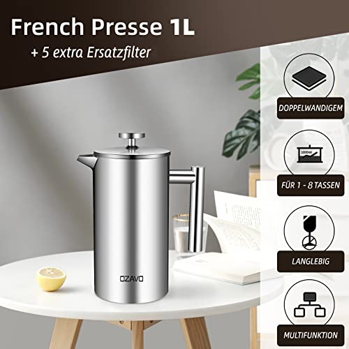 OZAVO Kaffeebereiter, mit Edelstahlfilter, French Press System mit Zweilagiger Konstruktion, 1L - 2