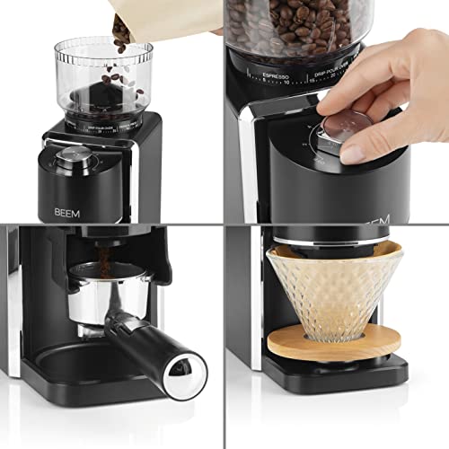BEEM GRIND-PERFECT Elektrische Kaffeemühle - 250 g | 35-stufige Mahlgradeinstellung, Kegelmahlwerk, Mengendosierung per Drehrad einstellbar (2-12 Tassen) | Direkt in Siebträger mit Ø 52-58 mm mahlen - 7