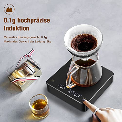 Kaffeewaage, digitale Espresso-Waage mit Timer USB wiederaufladbare 3kg/0,1g klein Küchenwaage für Espresso, Pour Over, Brotbacken - 3