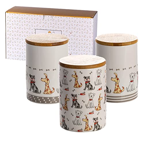 SPOTTED DOG GIFT COMPANY - Keramik-Vorratsdosen mit Holzdeckel - mit Hunde-Motiv - Aufbewahrungsdosen für Hundeliebhaber und Hundebesitzer - tolle Küchendeko - groß - 1,2 l - 3er-Set