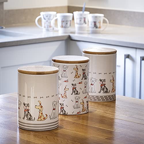SPOTTED DOG GIFT COMPANY - Keramik-Vorratsdosen mit Holzdeckel - mit Hunde-Motiv - Aufbewahrungsdosen für Hundeliebhaber und Hundebesitzer - tolle Küchendeko - groß - 1,2 l - 3er-Set - 3